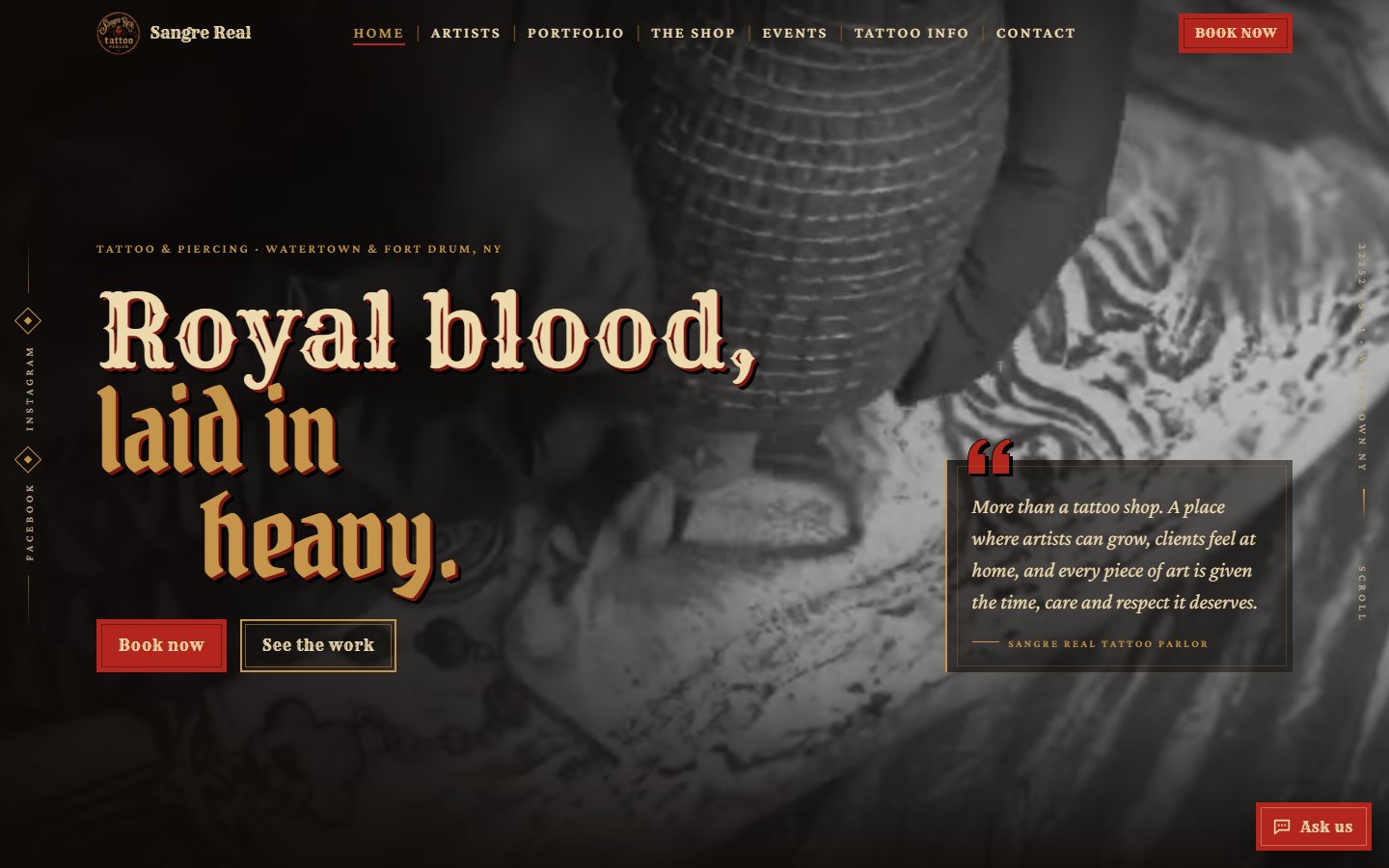 Sangre Real Tattoo website homepage